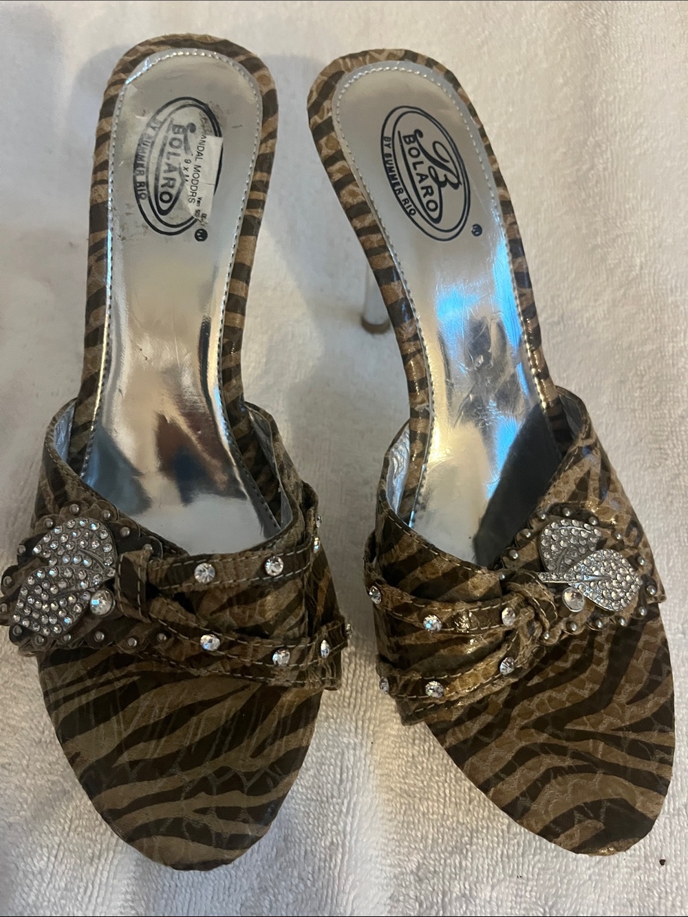 Zebra-Print Embellished Mule Heels in Brown